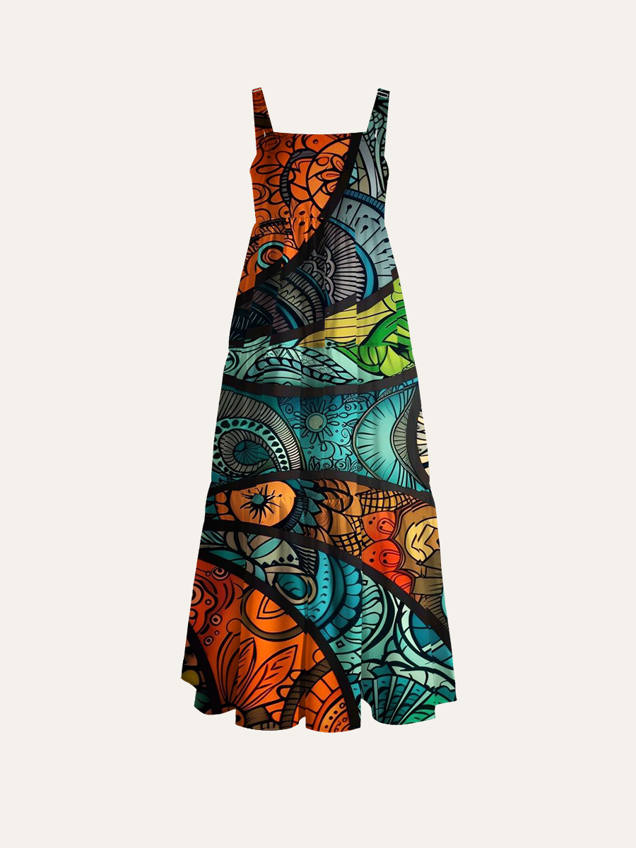 Psychedelic Boho Swirls Adjustable Wide Straps Maxi Dress
