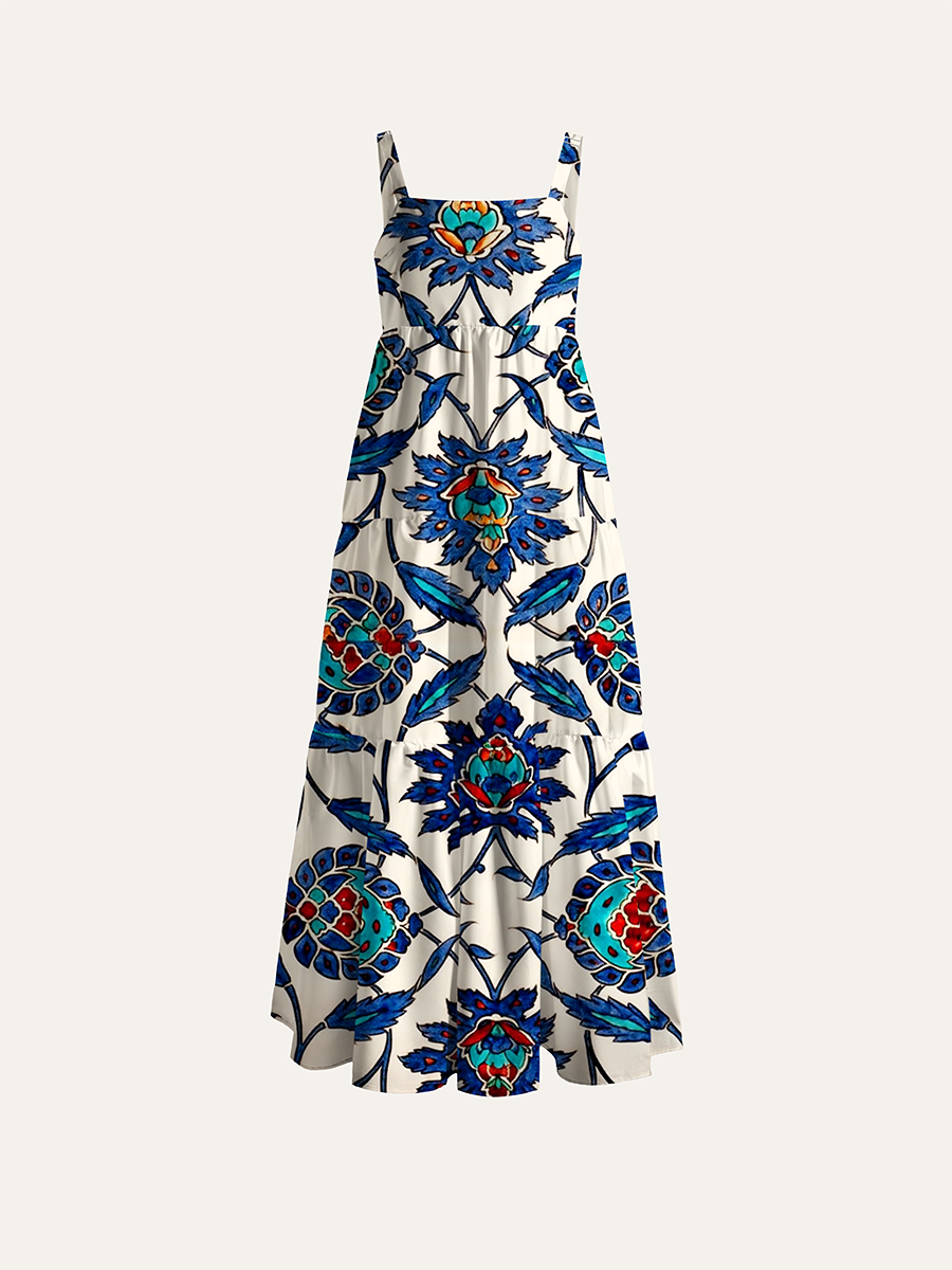 Vintage Mediterranean Mosaic Tile Art Adjustable Wide Straps Maxi Dress