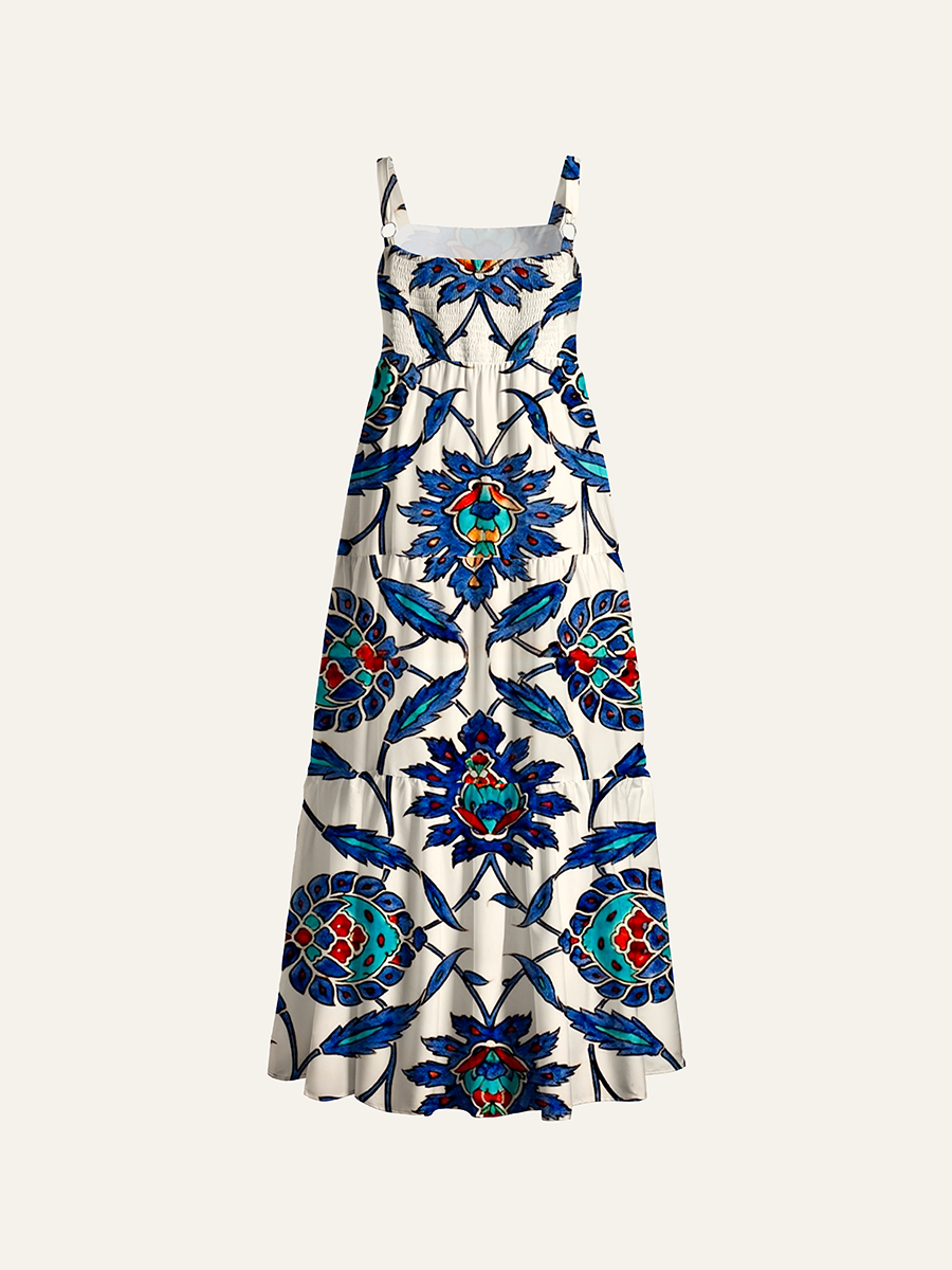 Vintage Mediterranean Mosaic Tile Art Adjustable Wide Straps Maxi Dress