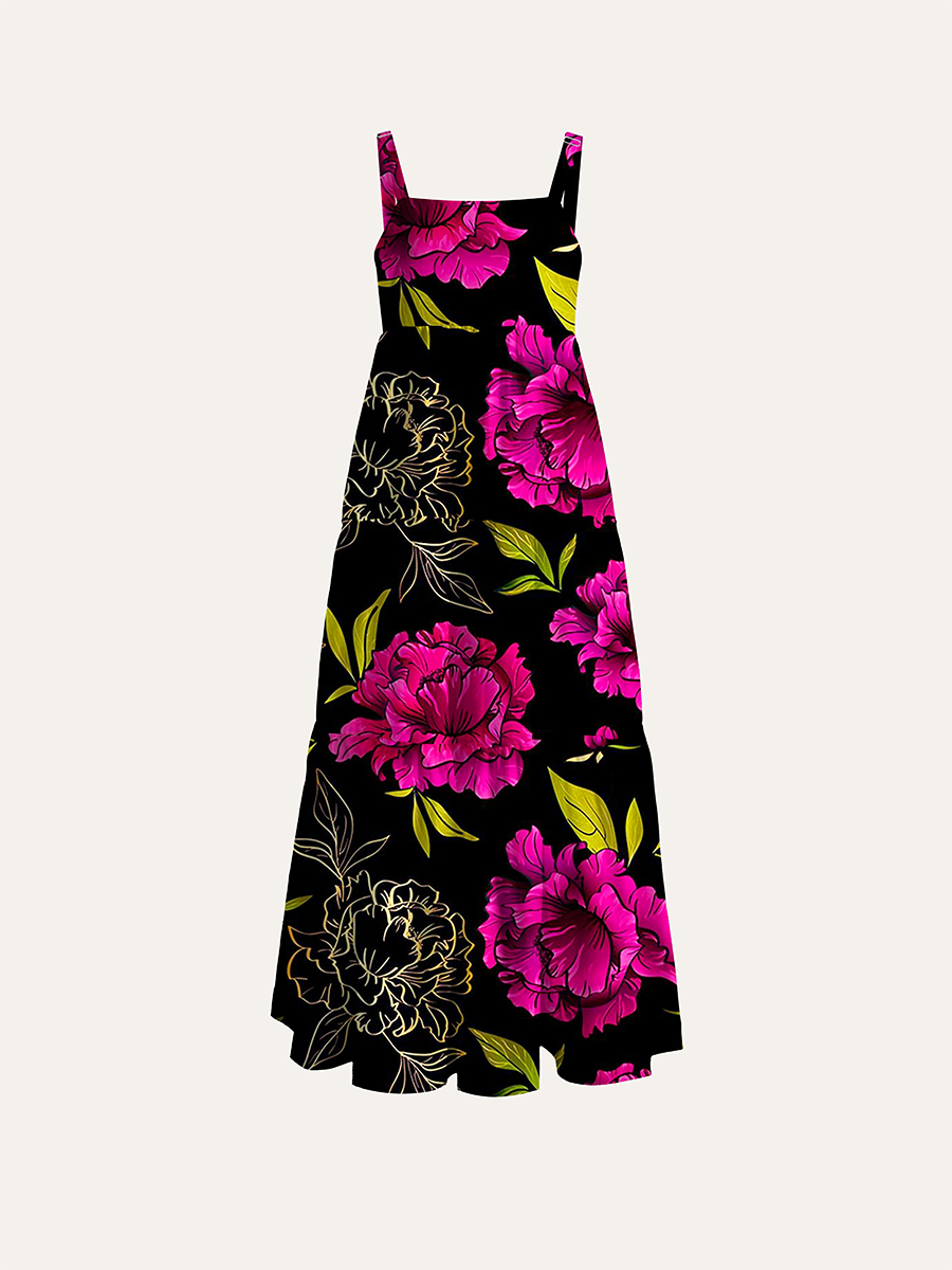 Vintage Luxury Gold Outline Floral Adjustable Wide Straps Maxi Dress