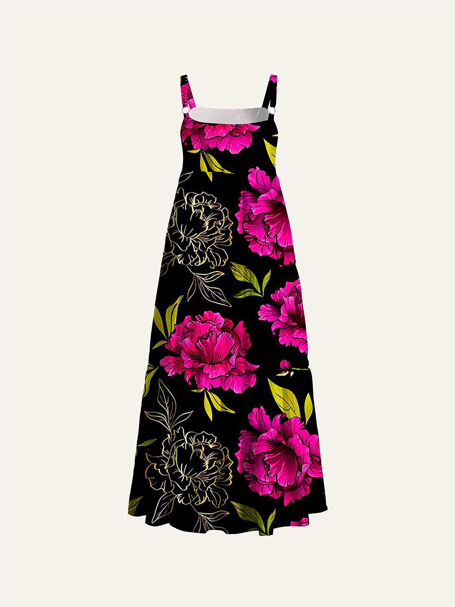 Vintage Luxury Gold Outline Floral Adjustable Wide Straps Maxi Dress