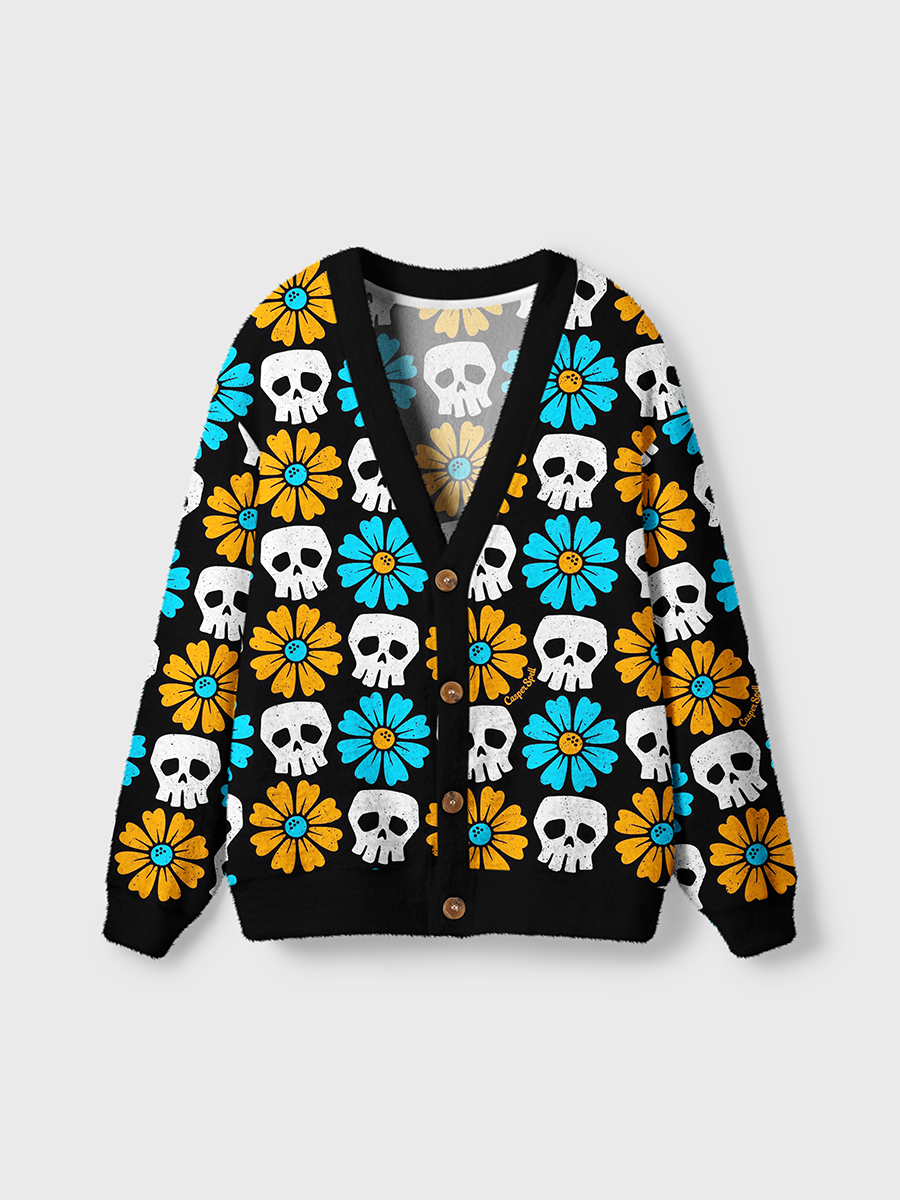 Vintage Retro Distressed Daisies And Skulls Cardigan Sweaters