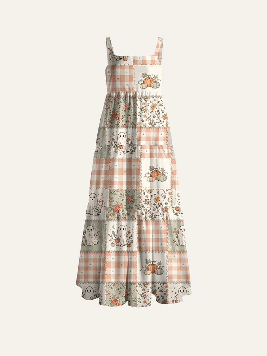 ]Vintage Shabby Chic Fall Patchwork Adjustable Wide Straps Maxi Dress