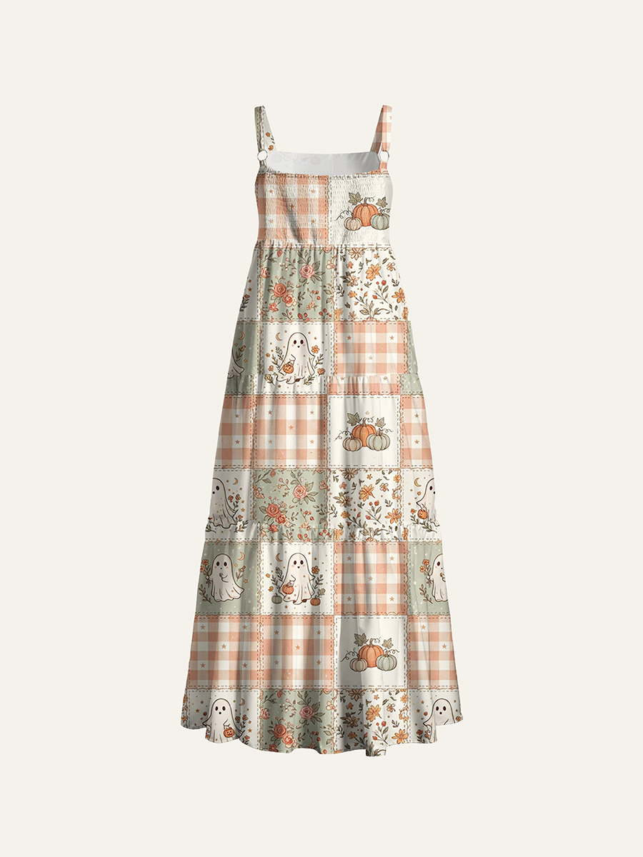 ]Vintage Shabby Chic Fall Patchwork Adjustable Wide Straps Maxi Dress
