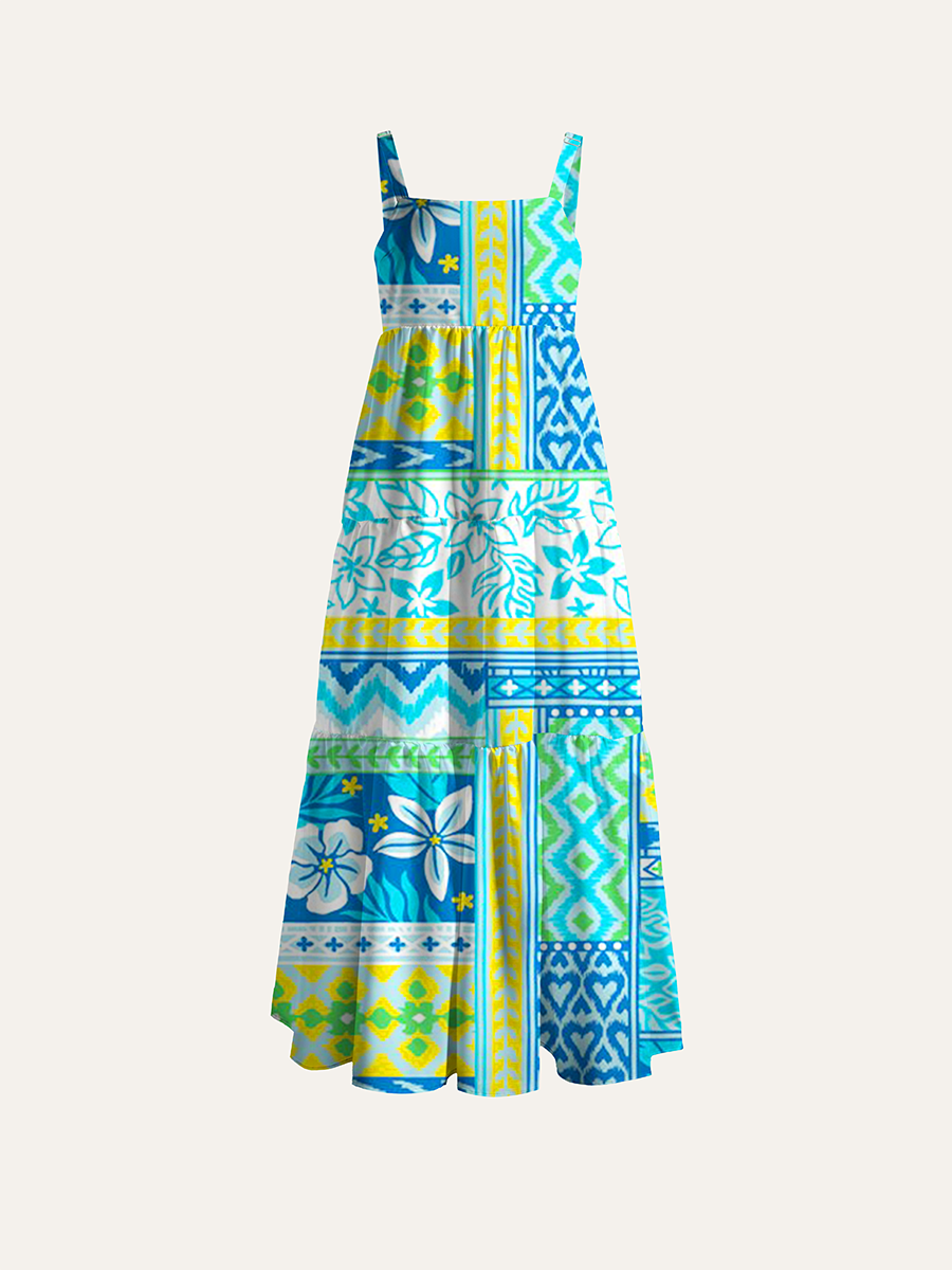 Tropical Boho Patchwork Ikat Floral Adjustable Wide Straps Maxi Dress