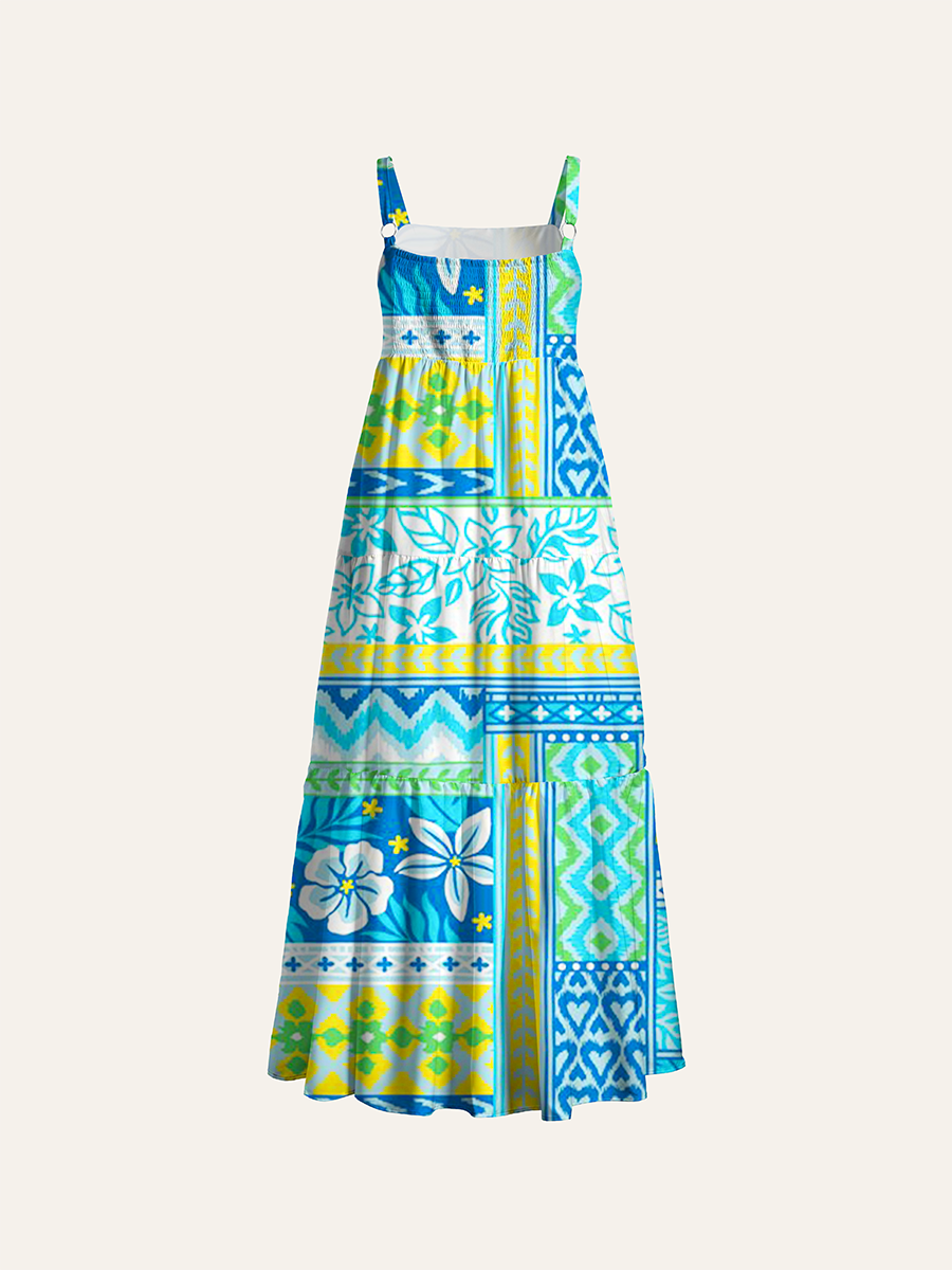 Tropical Boho Patchwork Ikat Floral Adjustable Wide Straps Maxi Dress