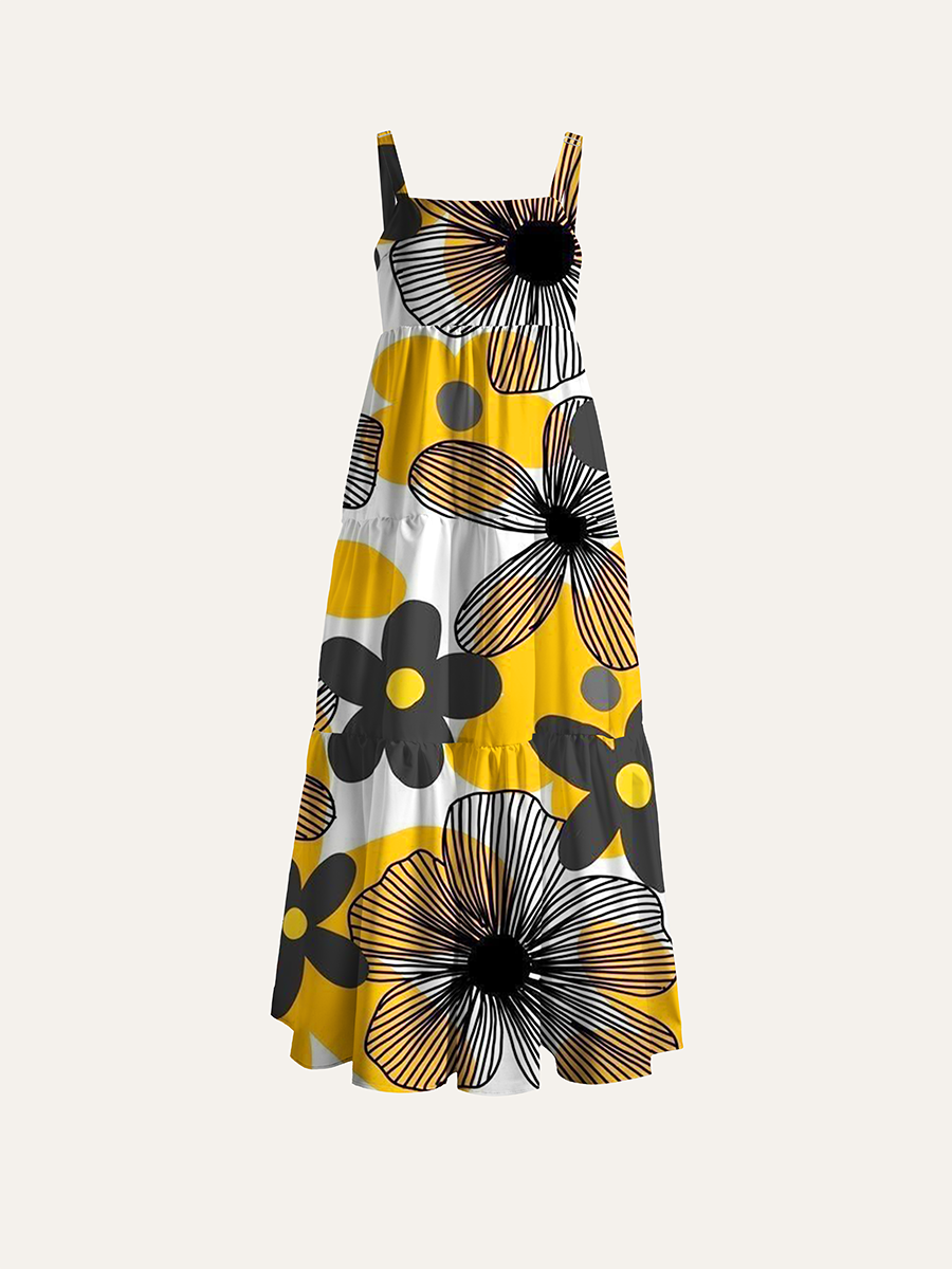 Mid Century Modern Abstract Floral Adjustable Wide Straps Maxi Dress