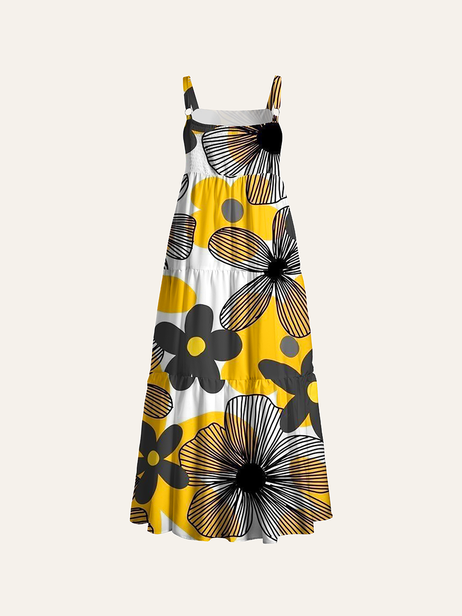Mid Century Modern Abstract Floral Adjustable Wide Straps Maxi Dress