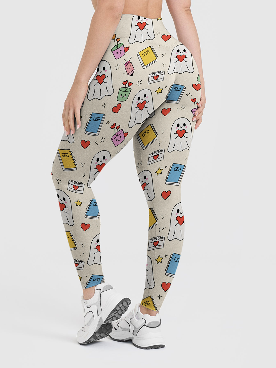Vintage Cream Cute Heart Ghost School Supply Leggings