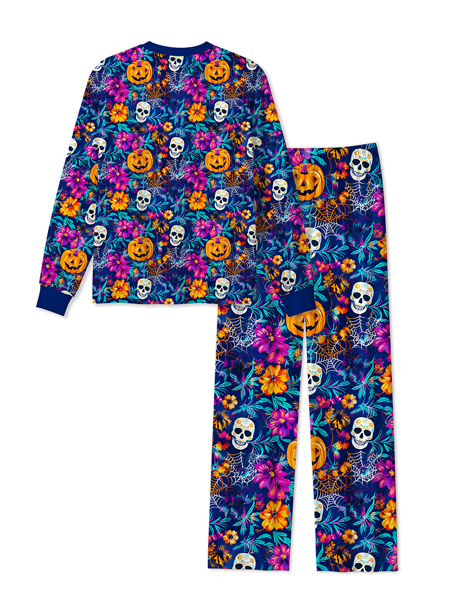 Vintage Neon Line Art Halloween Pumpkin Witch Ghost Black Pajama