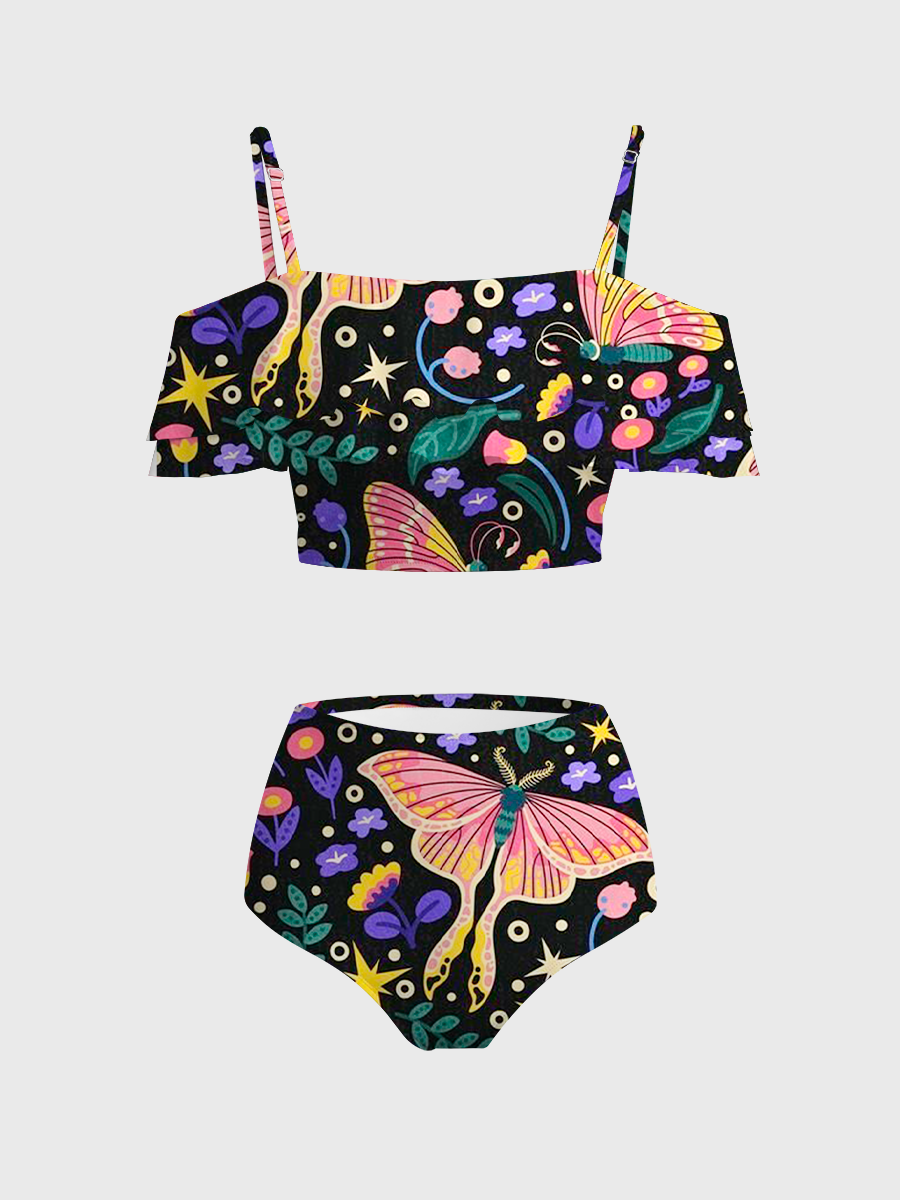 Vintage Boho Luna Moth And Flowers Two Piece Ruffled Tankini Swimsuit