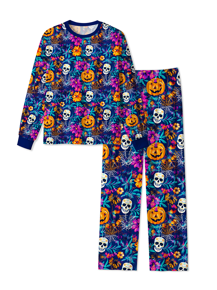 Vintage Neon Line Art Halloween Pumpkin Witch Ghost Black Pajama