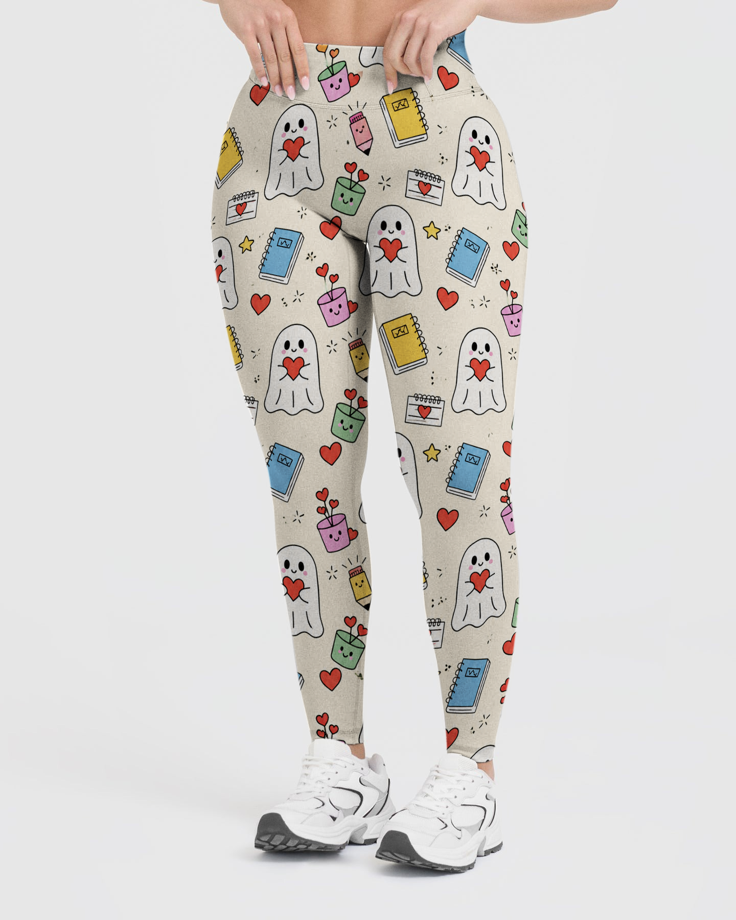 Vintage Cream Cute Heart Ghost School Supply Leggings