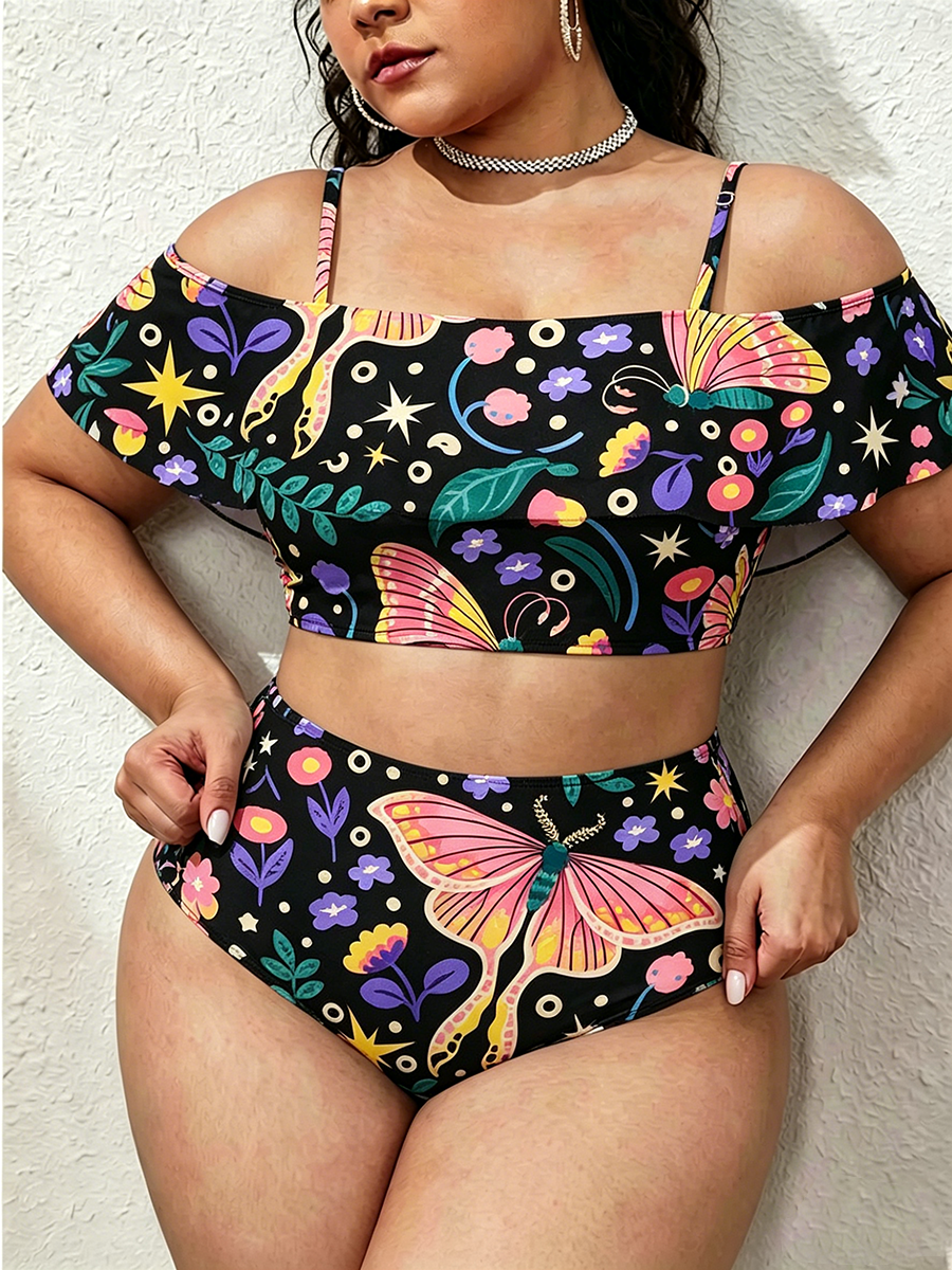 Vintage Boho Luna Moth And Flowers Two Piece Ruffled Tankini Swimsuit