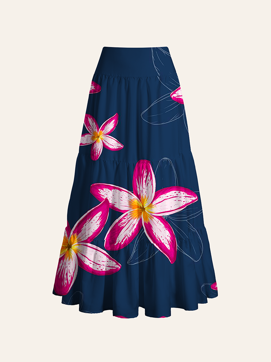 Vibrant Tropical Fuchsia Plumeria Convertible Maxi Skirts