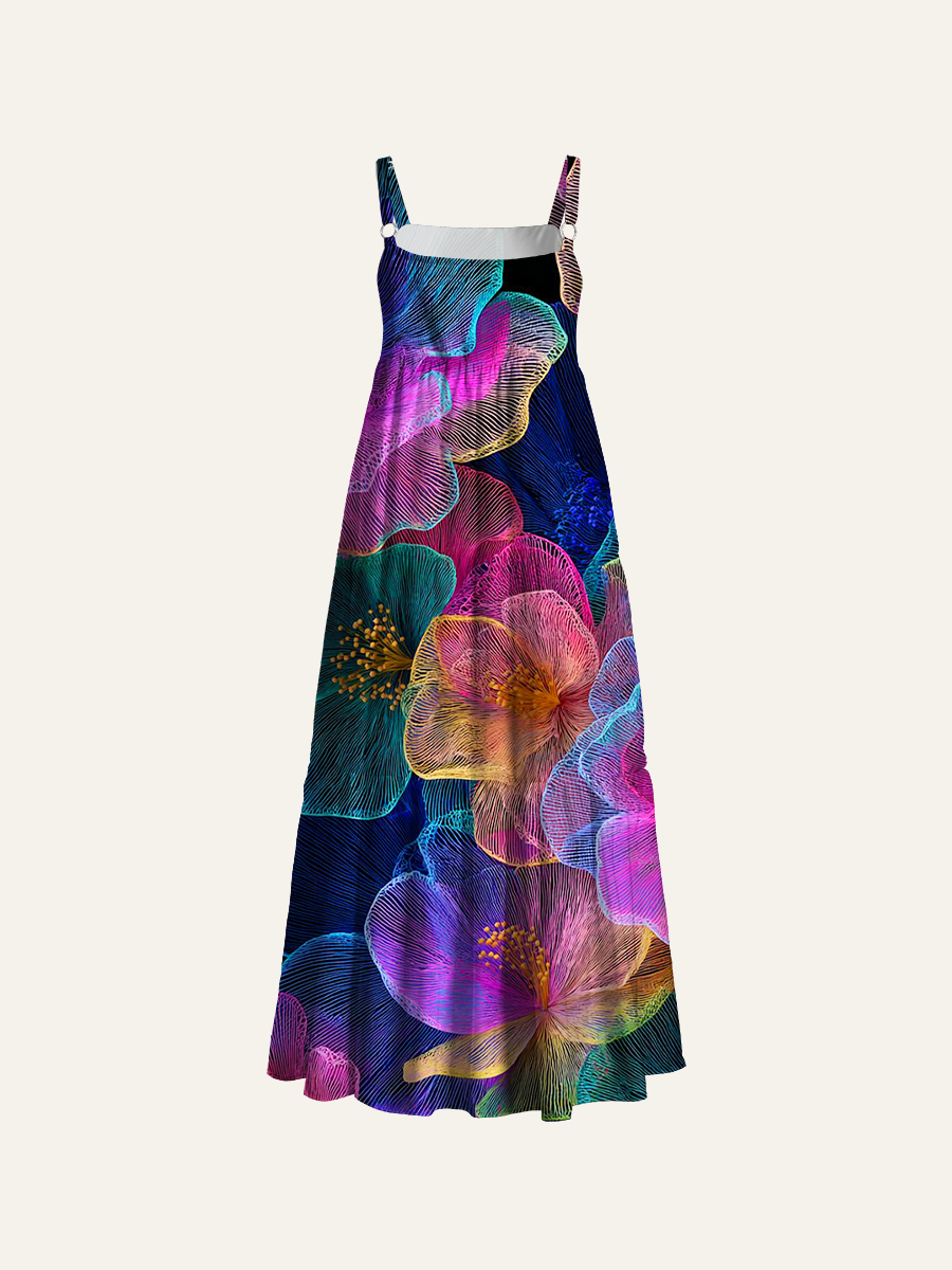Glowing Floral Pattern Adjustable Wide Straps Maxi Dress