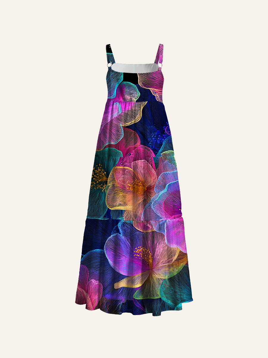 Glowing Floral Pattern Adjustable Wide Straps Maxi Dress