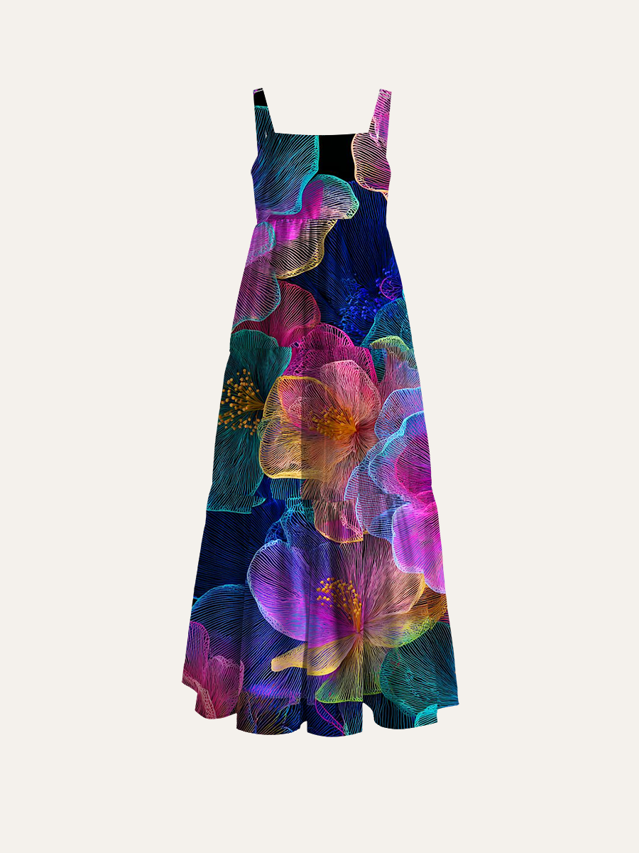 Glowing Floral Pattern Adjustable Wide Straps Maxi Dress