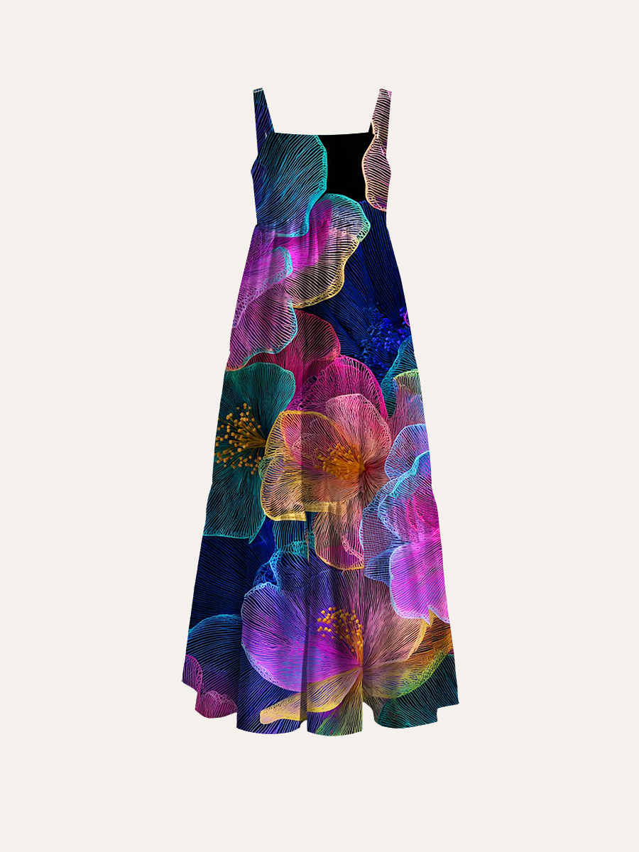 Glowing Floral Pattern Adjustable Wide Straps Maxi Dress