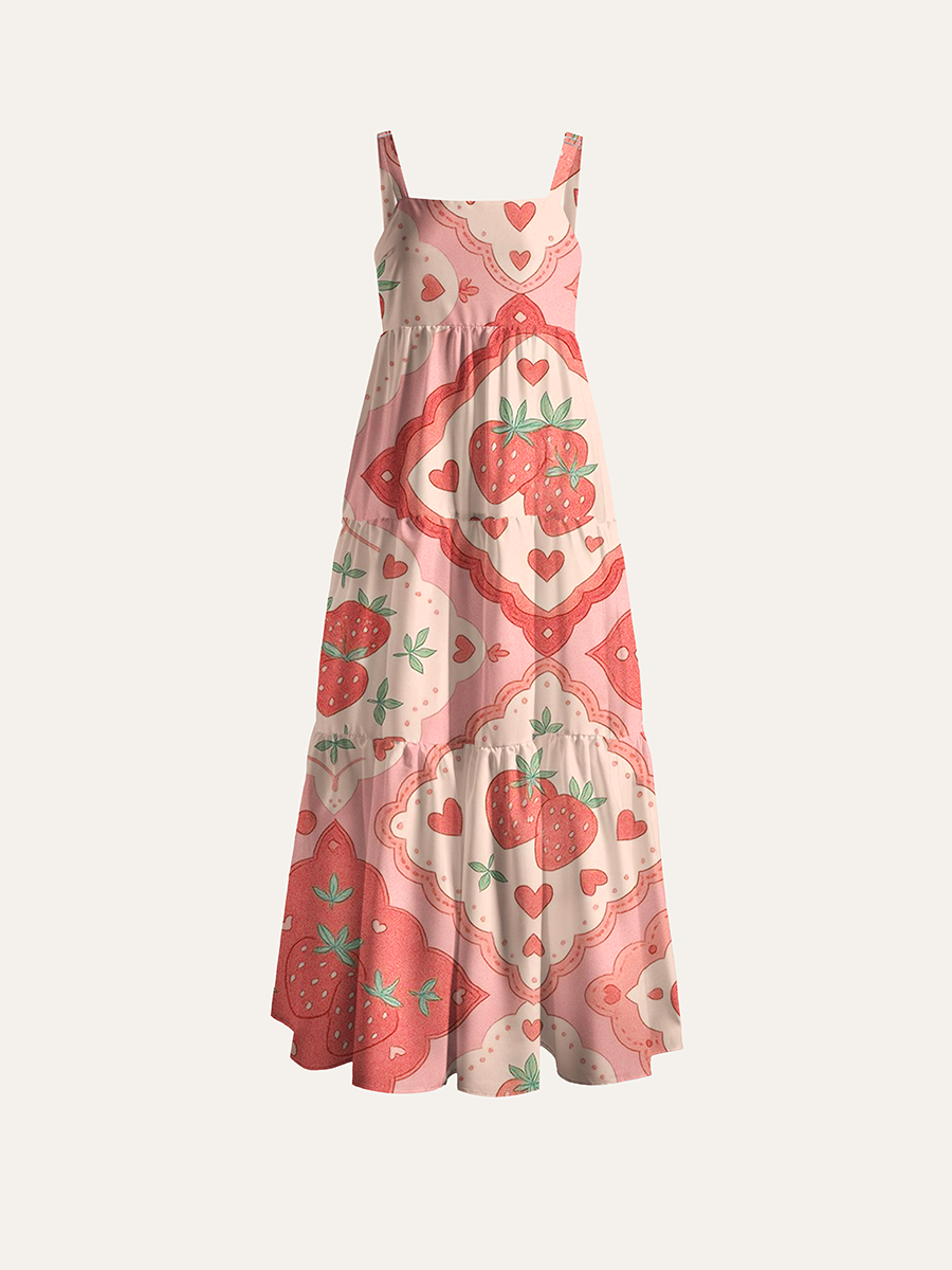 Retro Diamond Strawberry Heart Adjustable Wide Straps Maxi Dress