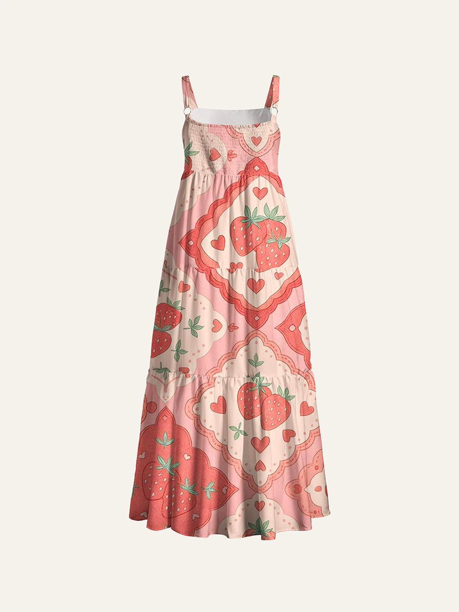 Retro Diamond Strawberry Heart Adjustable Wide Straps Maxi Dress