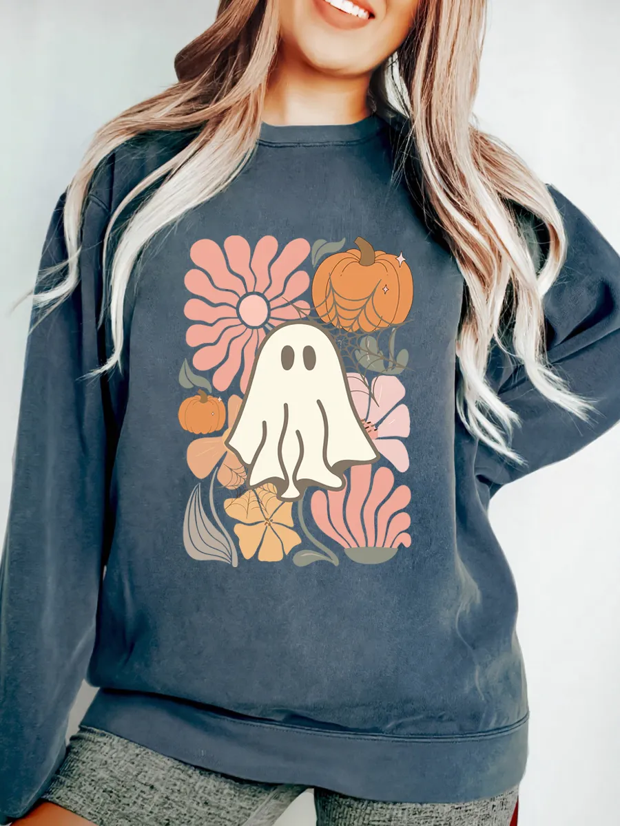 Vintage Floral Ghost Oversize Graphic Sweatshirt