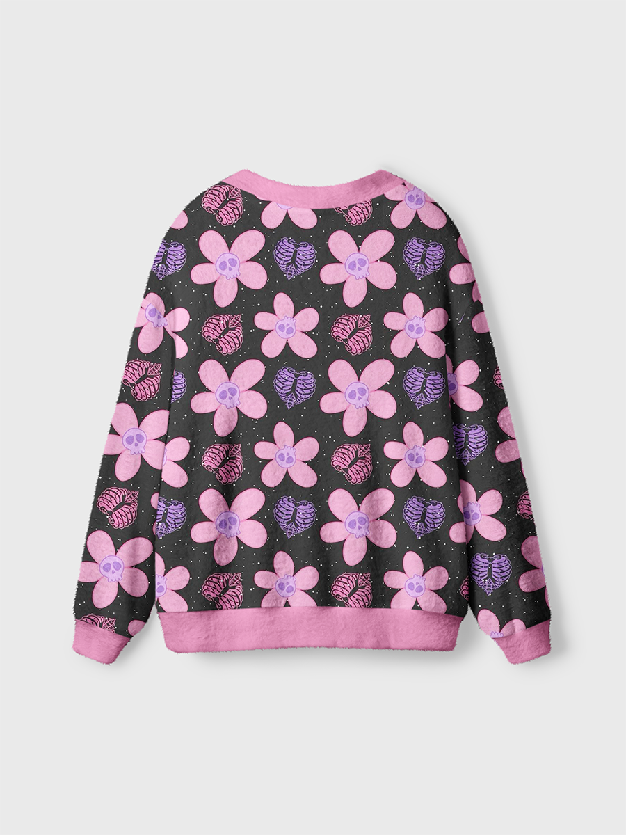 Vintage Skeletal Hearts And Pink Florals Cardigan Sweaters