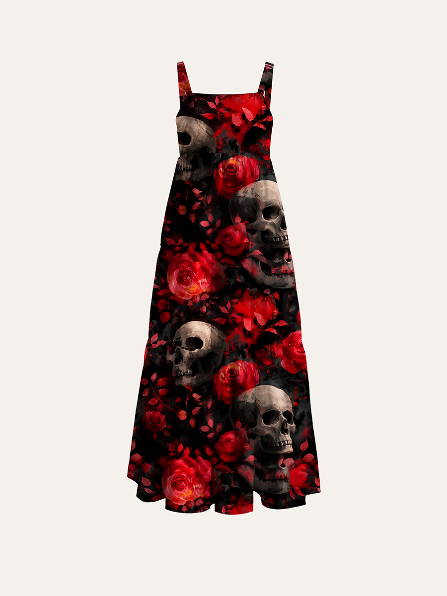 Dark Gothic Red Rose Skull Watercolor Adjustable Wide Straps Maxi Dress