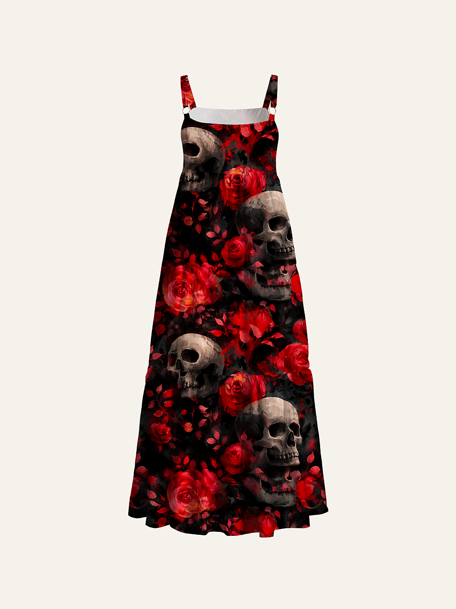 Dark Gothic Red Rose Skull Watercolor Adjustable Wide Straps Maxi Dress