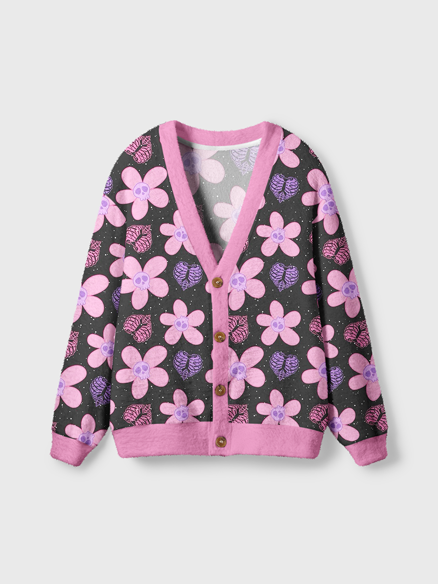 Vintage Skeletal Hearts And Pink Florals Cardigan Sweaters