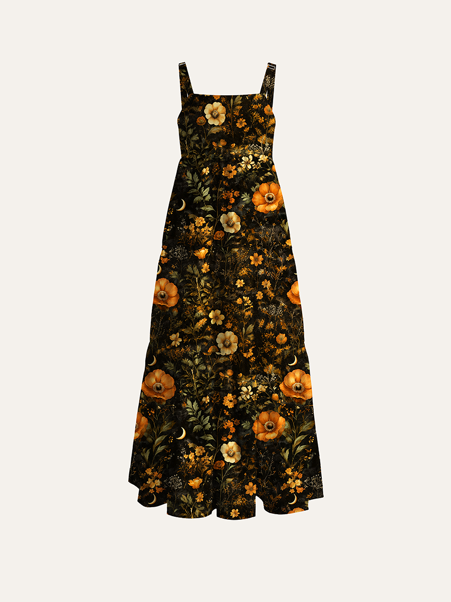 Dark Autumn Orange Poppy Moon Floral Adjustable Wide Straps Maxi Dress