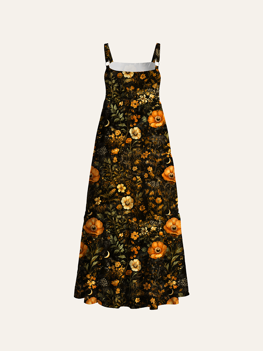 Dark Autumn Orange Poppy Moon Floral Adjustable Wide Straps Maxi Dress