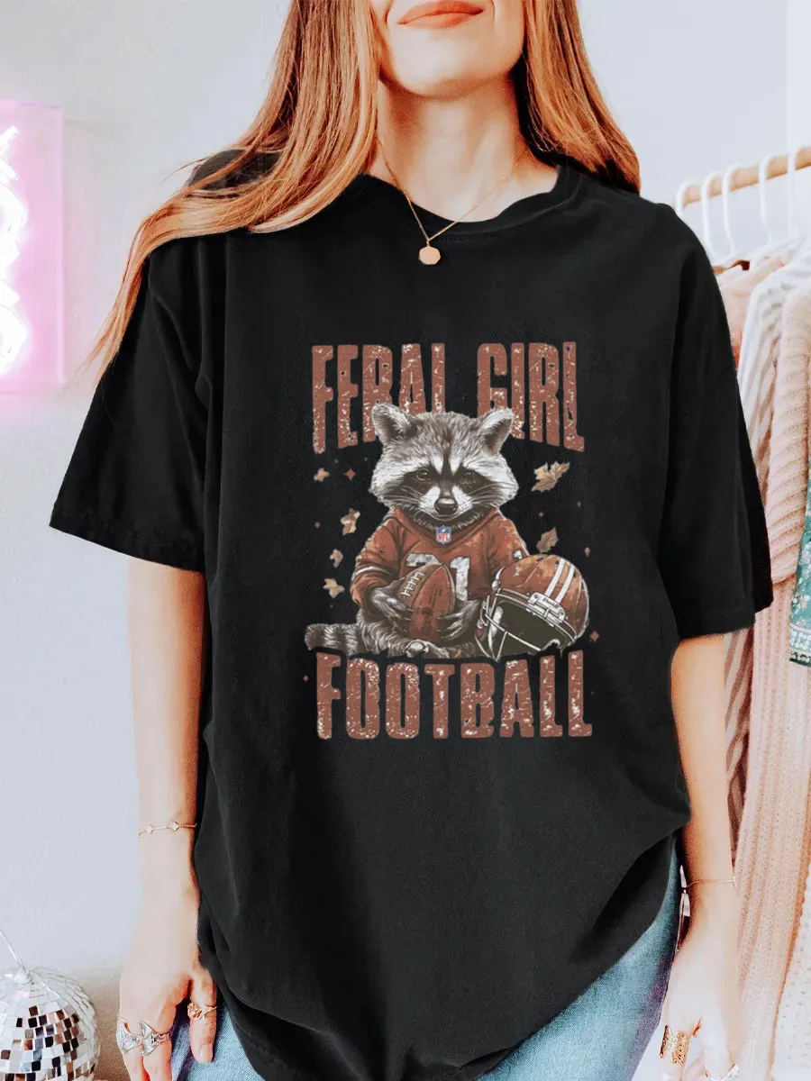 Vintage Feral Girl Football Raccoon Oversize Graphic Tee