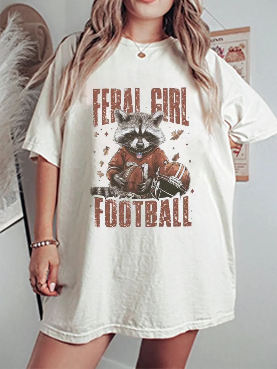Vintage Feral Girl Football Raccoon Oversize Graphic Tee