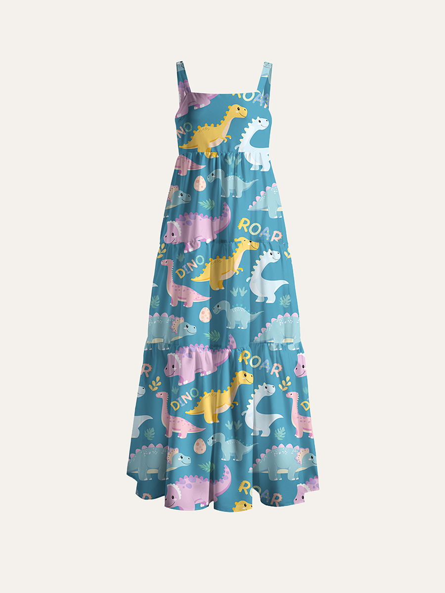 Simple Flat Doodle Dino Adjustable Wide Straps Maxi Dress