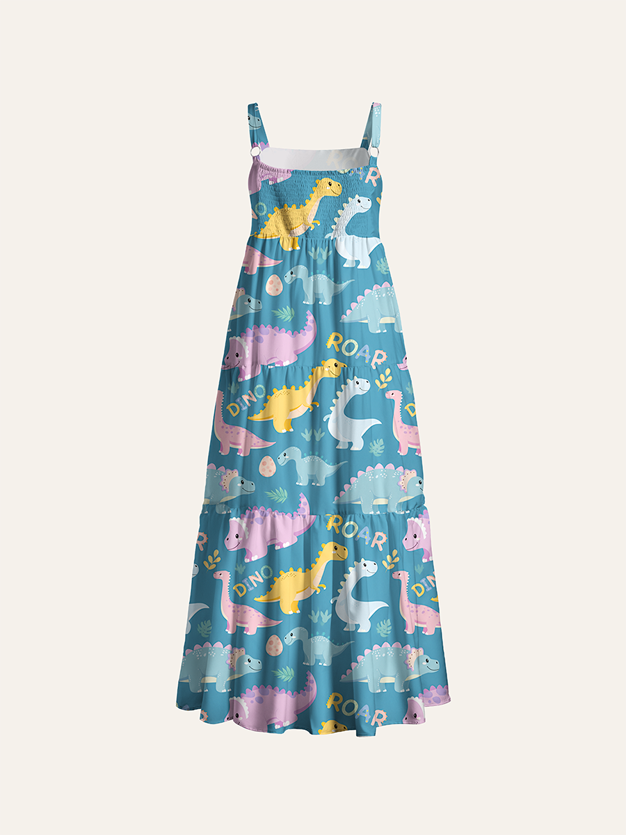 Simple Flat Doodle Dino Adjustable Wide Straps Maxi Dress