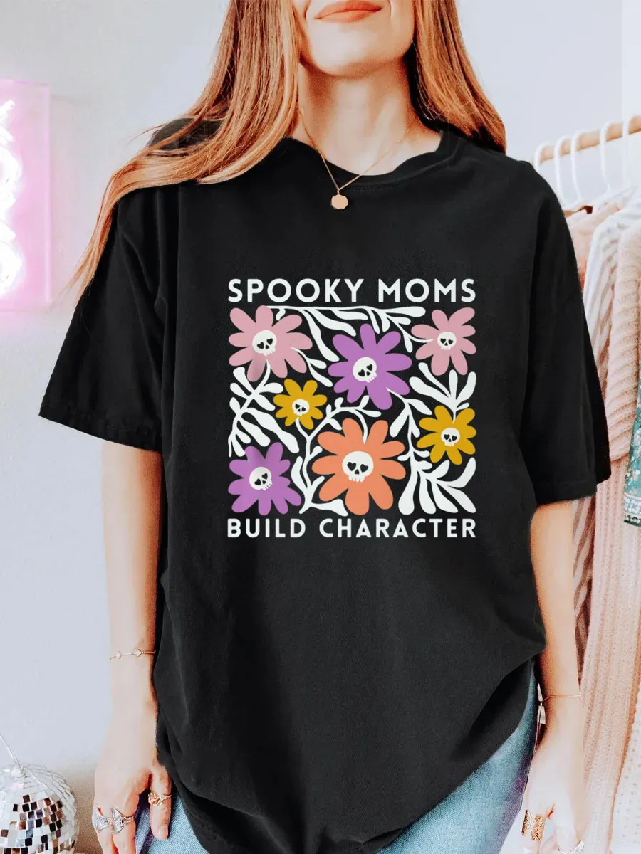Vintage Halloween Spooky Floral Skulls New Mama Oversize Graphic Tee