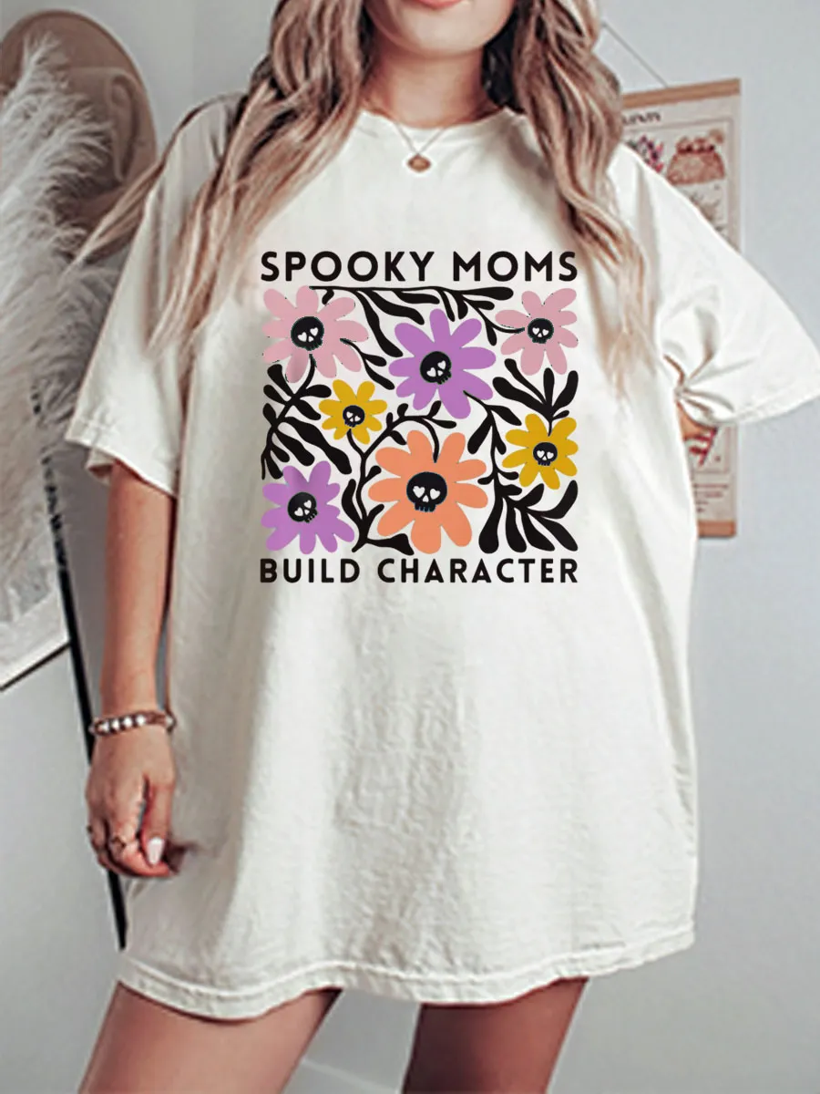 Vintage Halloween Spooky Floral Skulls New Mama Oversize Graphic Tee