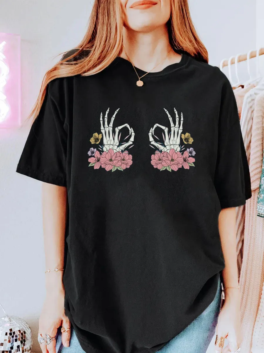 Vintage Skeleton Hand Flower Oversize Graphic Tee