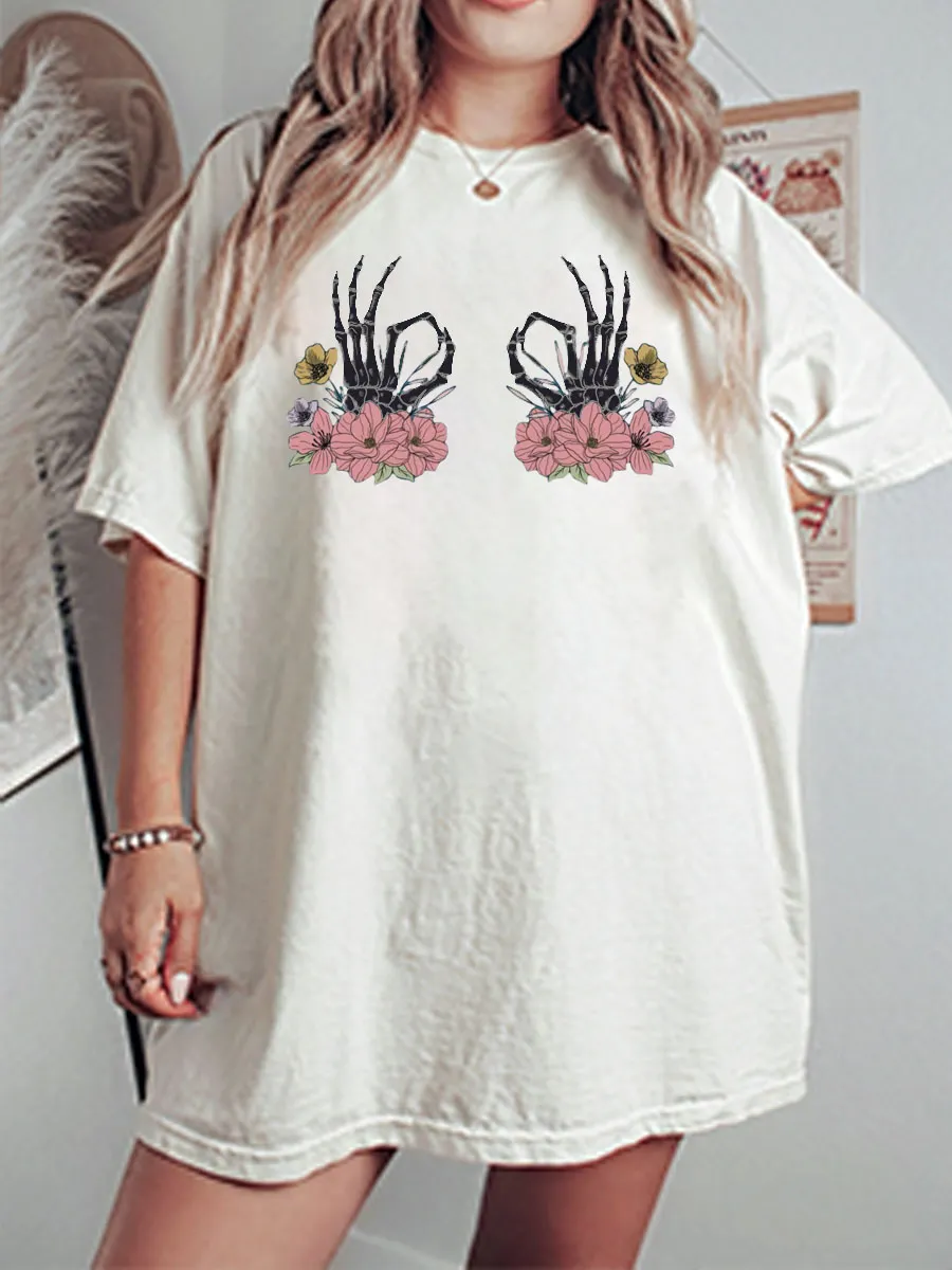 Vintage Skeleton Hand Flower Oversize Graphic Tee