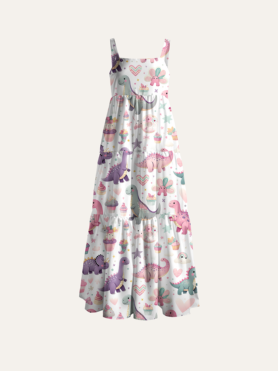 Coquette Pastel Girly Dino  Adjustable Wide Straps Maxi Dress