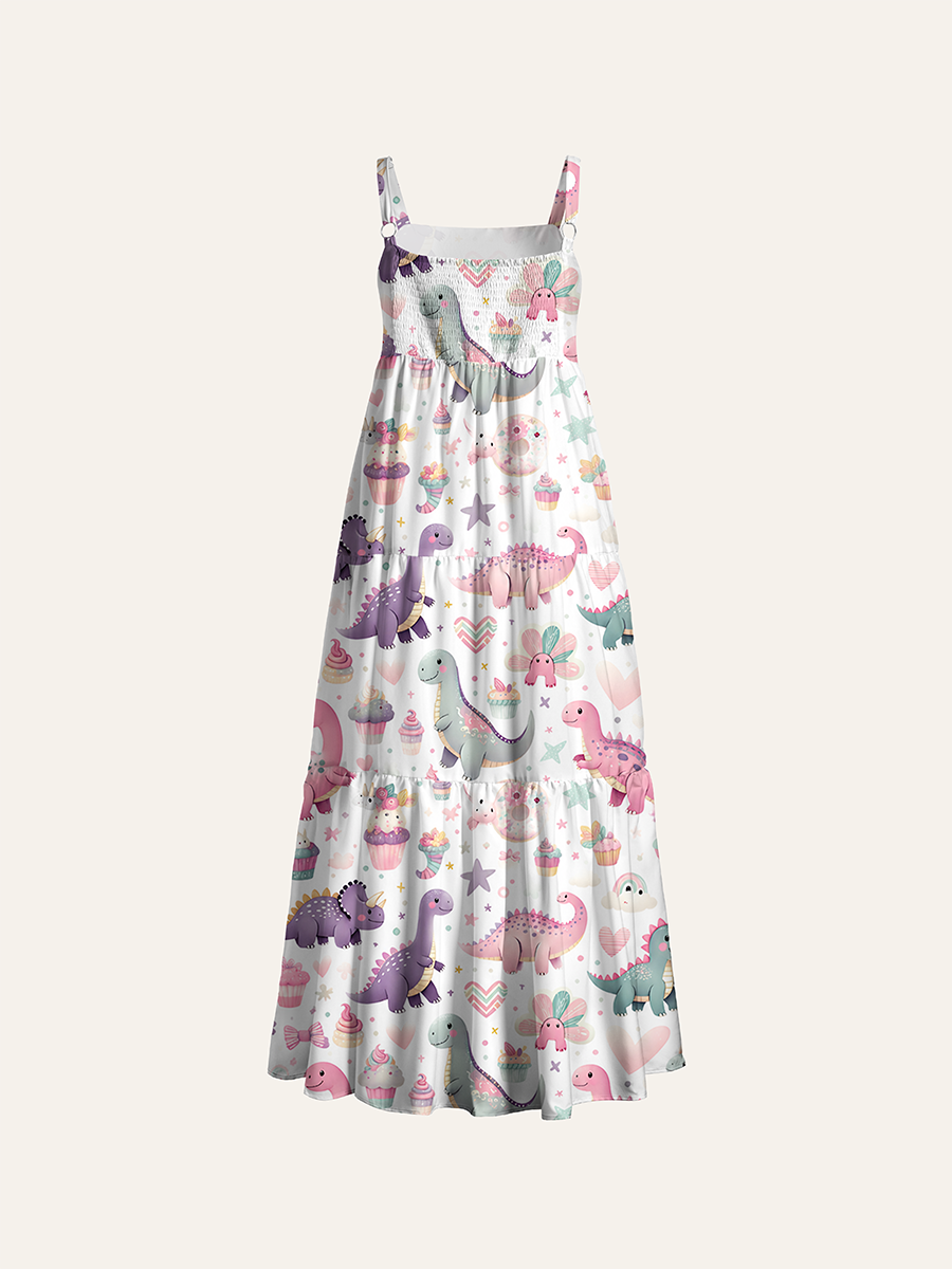 Coquette Pastel Girly Dino  Adjustable Wide Straps Maxi Dress