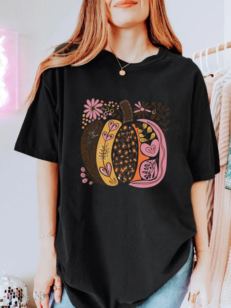 Vintage Boho Floral Pumpkin Clipart, Oversize Graphic Tee