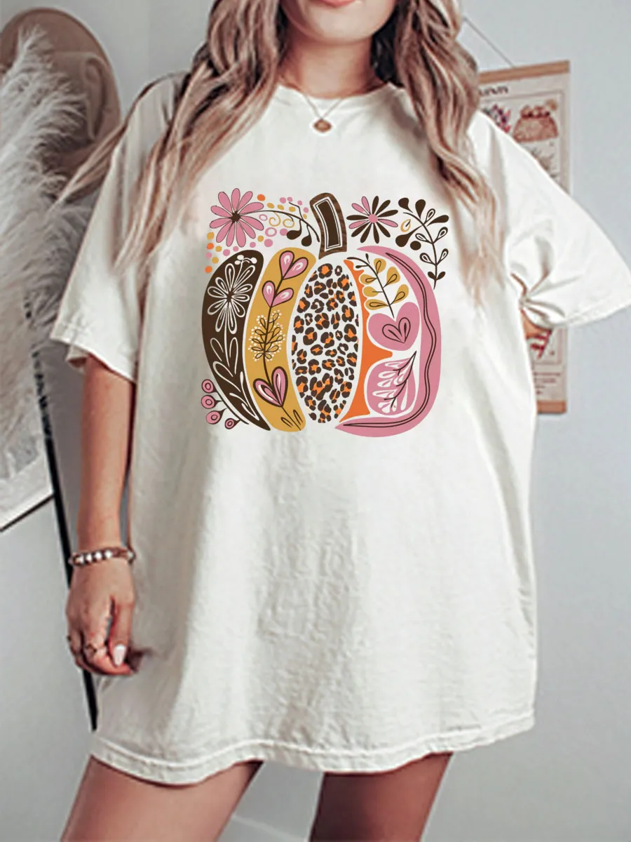 Vintage Boho Floral Pumpkin Clipart, Oversize Graphic Tee