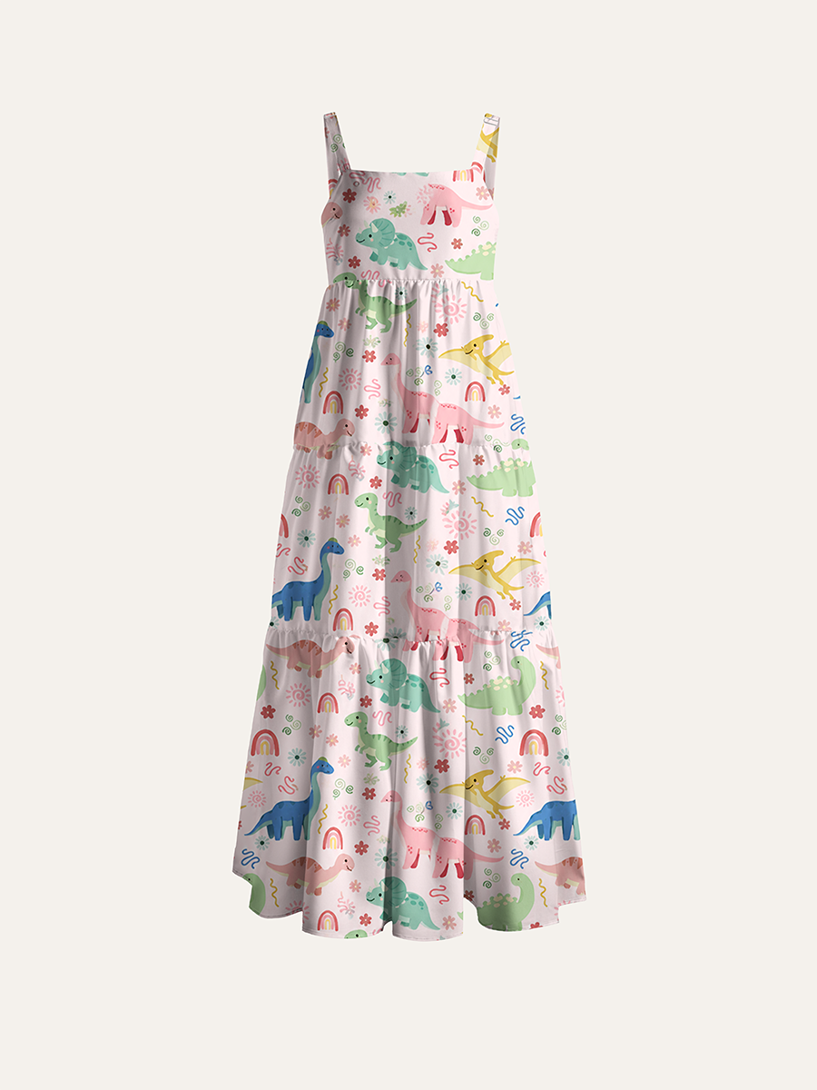 Cottage Pastel Boho Dino Adjustable Wide Straps Maxi Dress