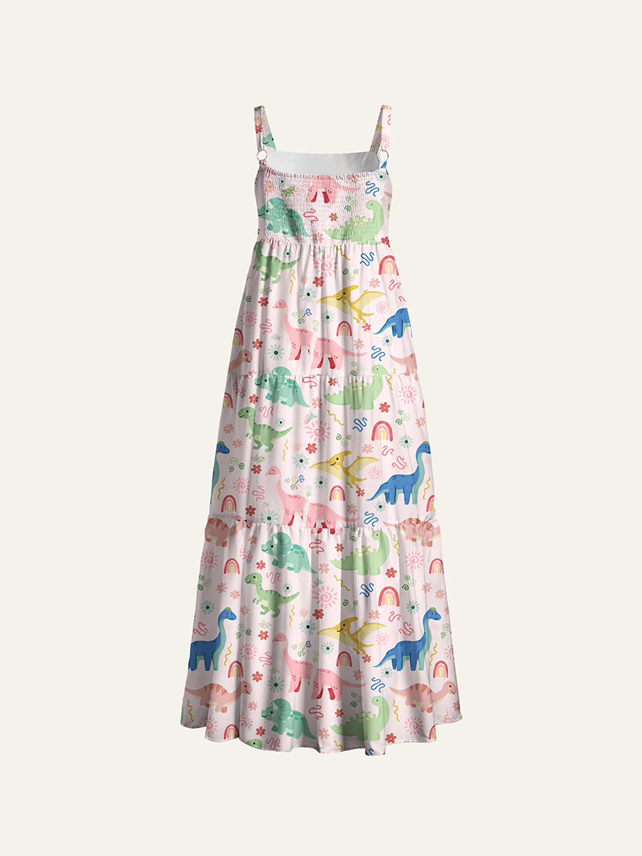 Cottage Pastel Boho Dino Adjustable Wide Straps Maxi Dress