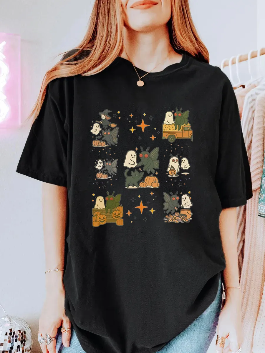 Vintage Cute Ghost & Mothman Oversize Graphic Tee