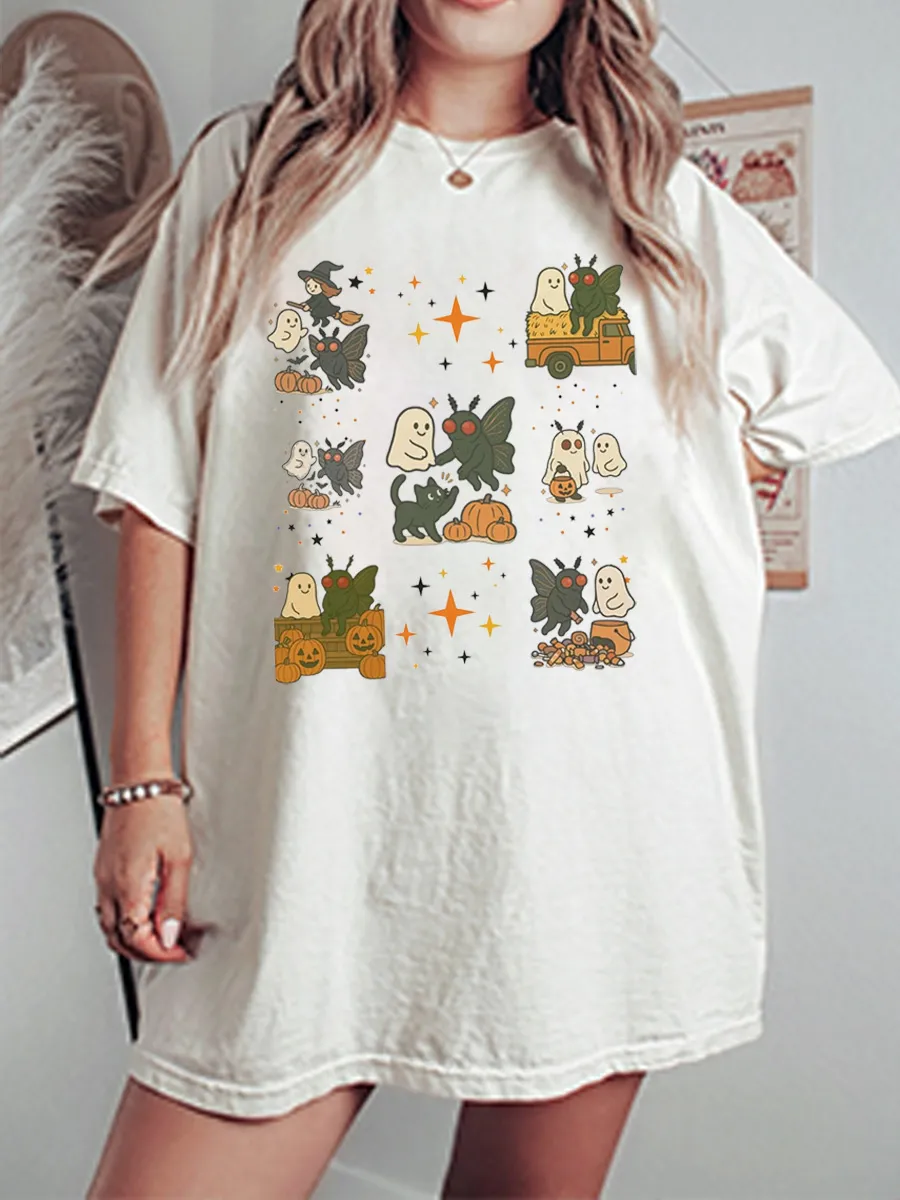 Vintage Cute Ghost & Mothman Oversize Graphic Tee