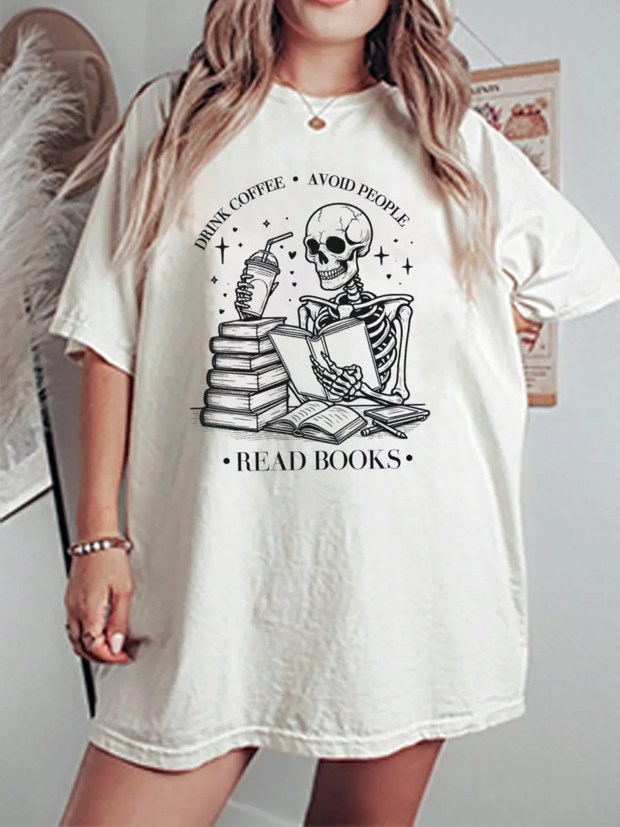 Vintage Drink Coffee Avoid People Read Books Oversize Graphic Tee