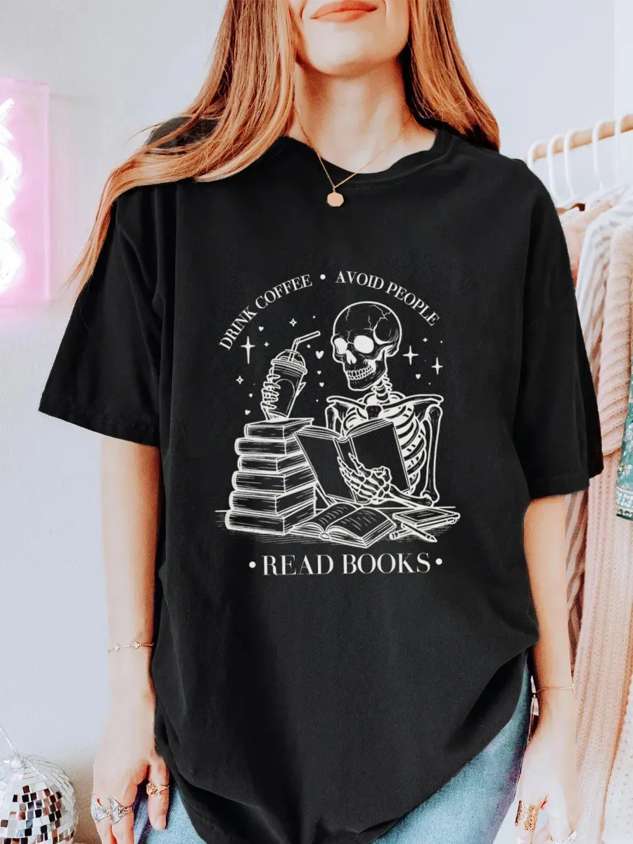 Vintage Drink Coffee Avoid People Read Books Oversize Graphic Tee